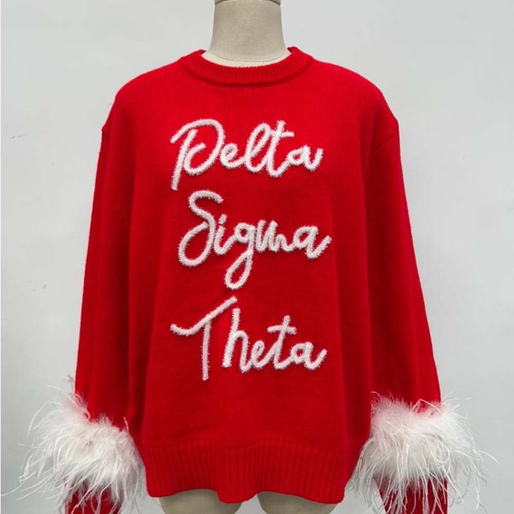Red Delta Sigma Theta Sweater with White feathers